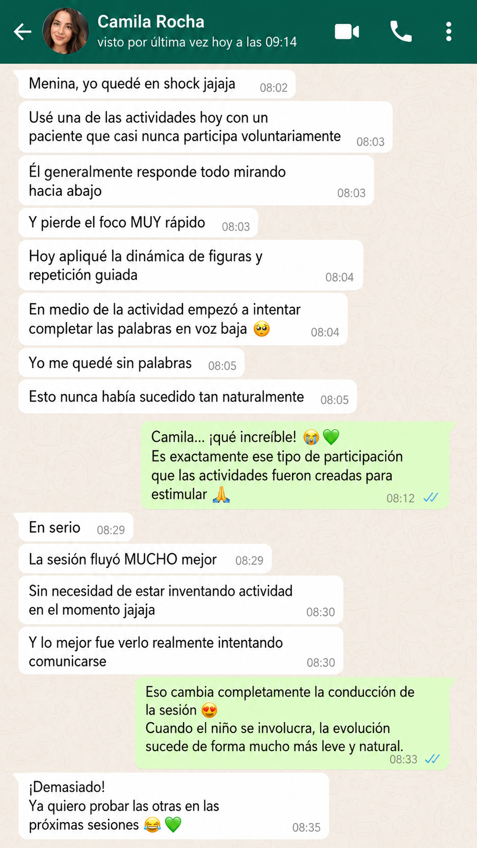 Conversación de WhatsApp con Camila sobre el material