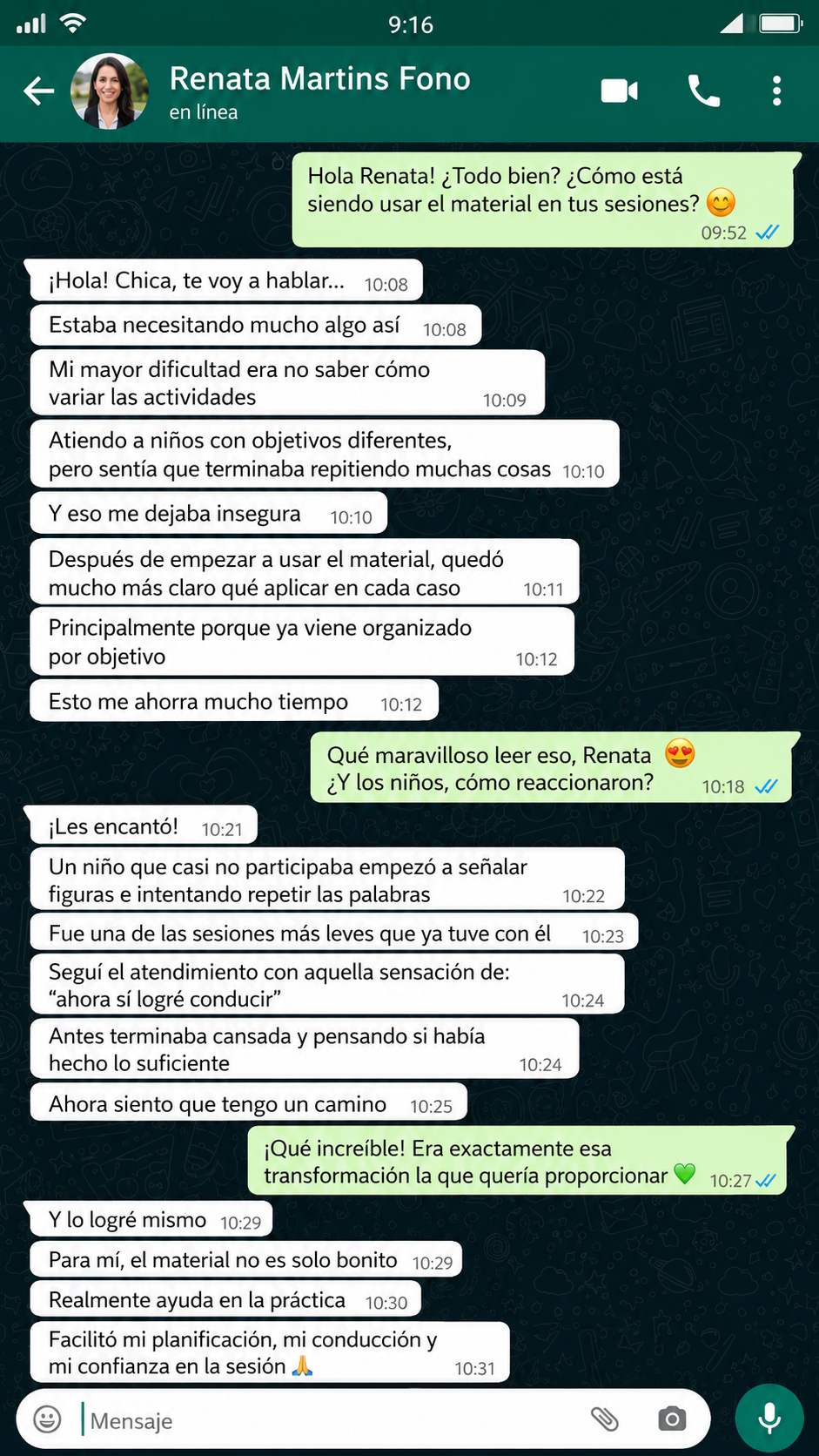 Conversación de WhatsApp con Renata sobre el material